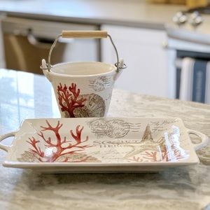Ceramic platter with handles and small matching ceramic bucket.